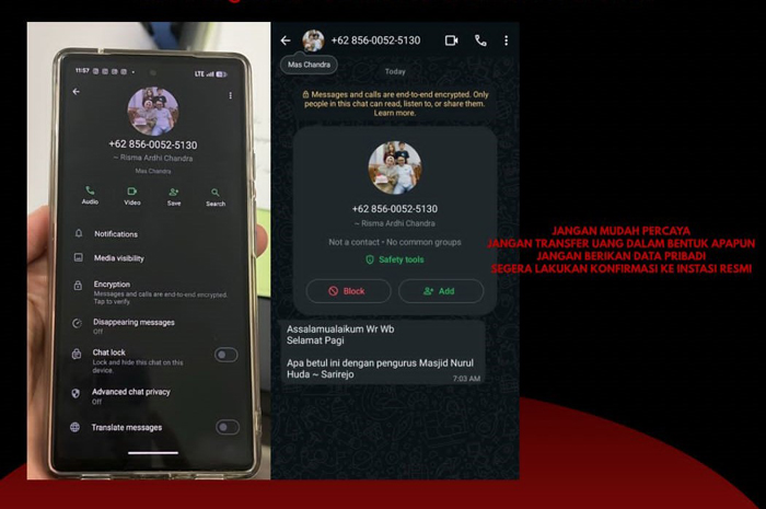 WASPADA: Tangkapan layar nomor WA yang mengaku Plt Bupati Pati Chandra untuk mengelabuhi calon korban.