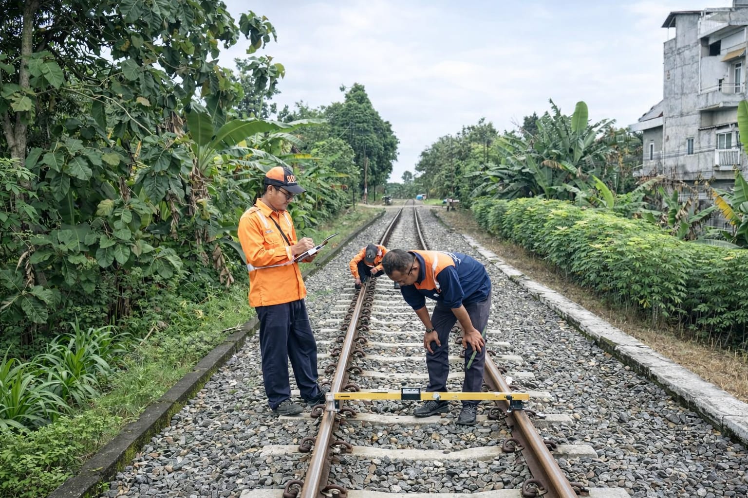MENGECEK:  Petugas KAI Daop 4 Semarang saat meninjau jalur rel penghubung Stasiun Gundih-Gambringan. 