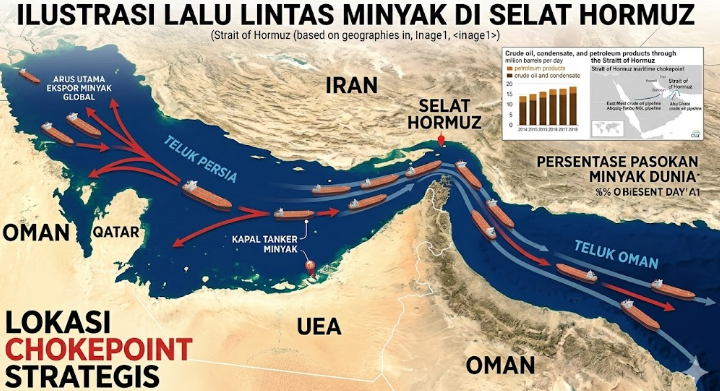 Ilustrasi lalu lintas minyak di selat Hormuz (Generated by AI)