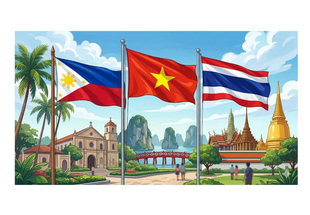 ilustrasi bendera negera Filipina, Vietnam, dan Thailand (Foto: Gemini)
