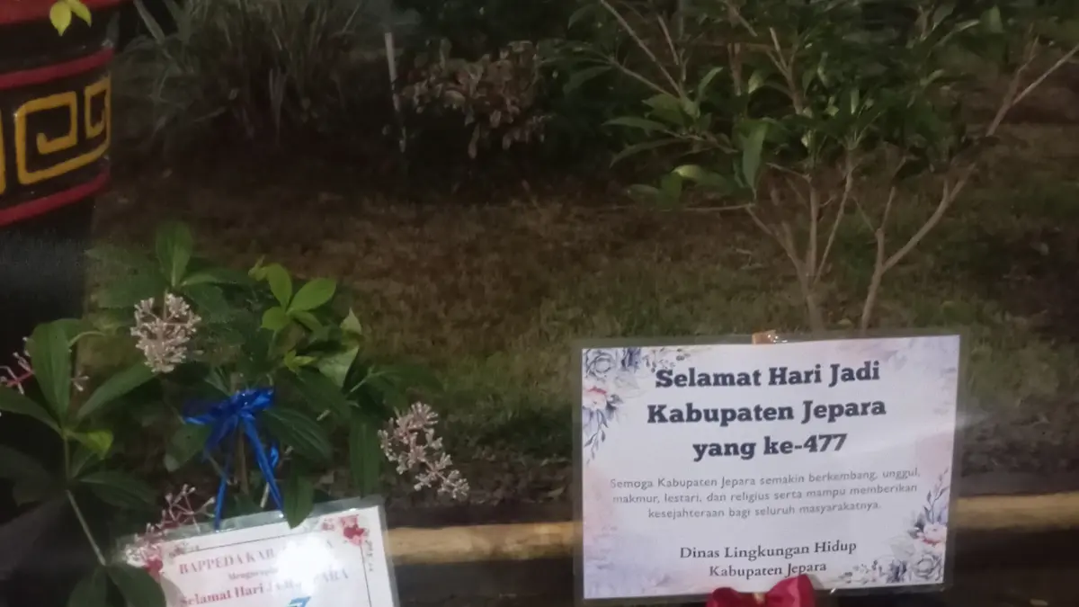 BERKESAN: Bibit parijotho dan sawo beserta ucapan selamat Hari Jadi Jepara menghiasi kawasan Pendapa Jepara. 