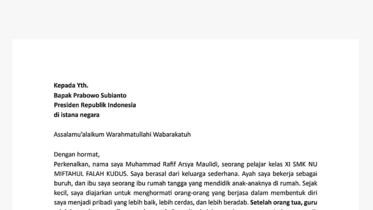 Isi surat terbuka yang ditulis oleh Arsya, siswa SMK NU Miftahul Falah, Desa Cendono, Kecamatan Dawe.