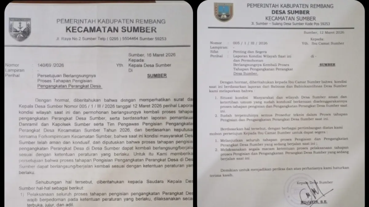 PEMDES SUMBER UNTUK RADAR KUDUS
ARSIP: Surat penghentian dan surat diizinkannya kembali seleksi perangkat desa di Desa/Kecamatan Sumber.
