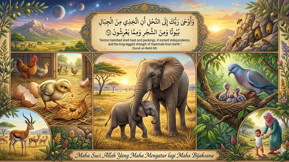 Ilustrasi kemandirian anak hewan (gemini ai)