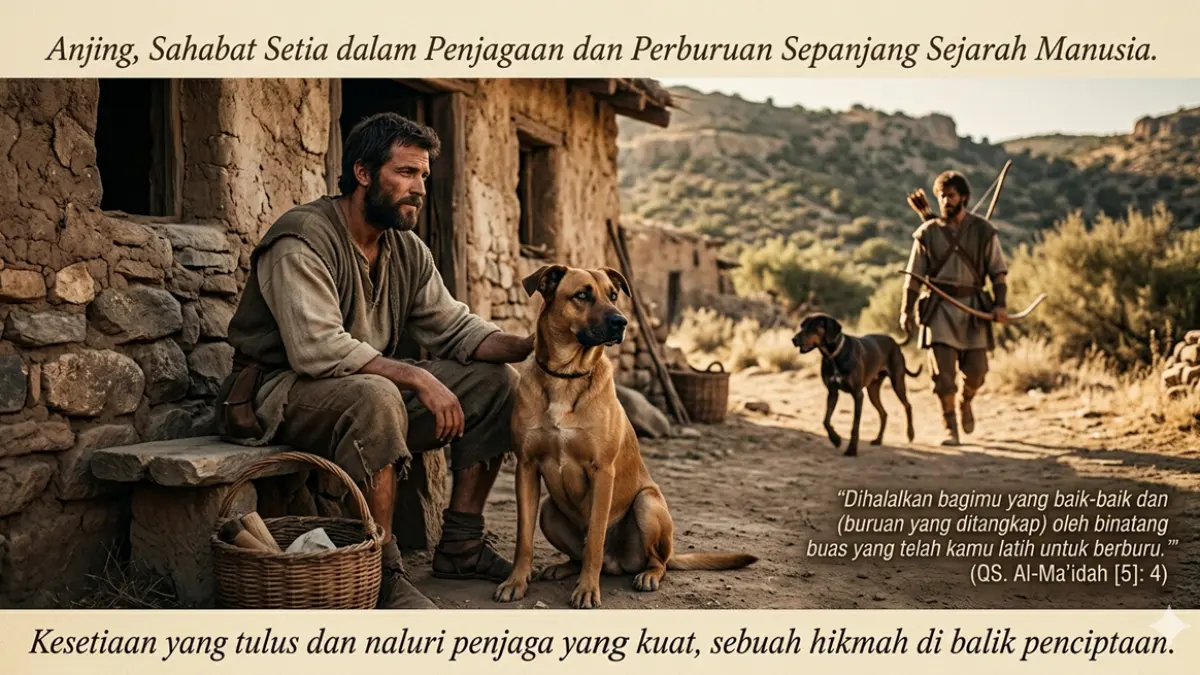 Ilustrasi Peran Anjing sebagai Penjaga dan Pemburu (gemini ai)