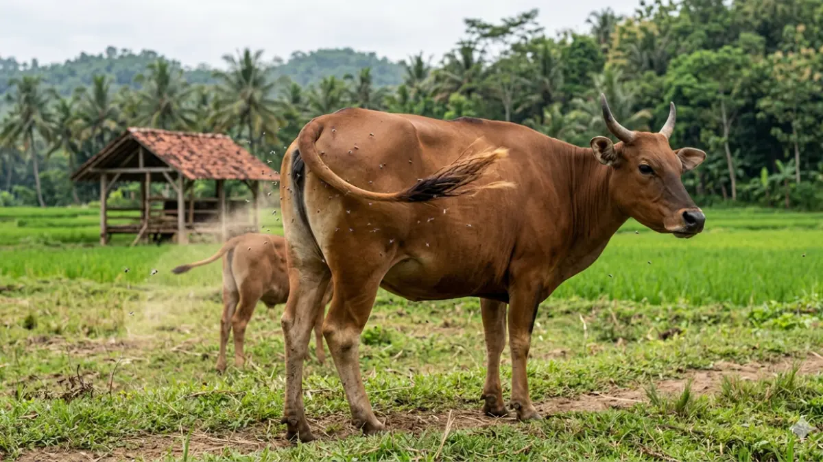 Ilustrasi sapi sedang mengibaskan ekornya (gemini ai)