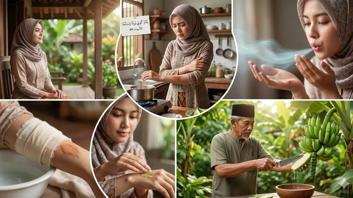 Ilustrasi pengobatan luka bakar dengan getah pisang (gemini ai)