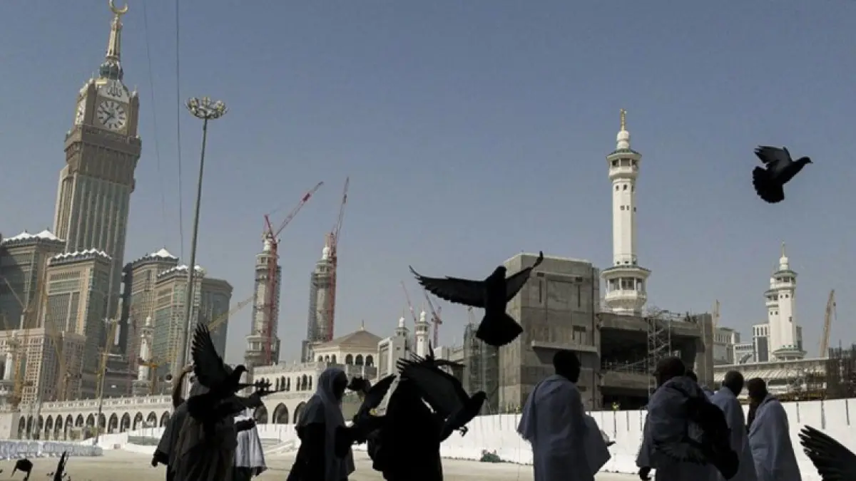 Sejumlah umat Islam memberi pakan burung merpati di kawasan Masjidil Haram, Makkah, Arab Saudi. Foto. ANTARA