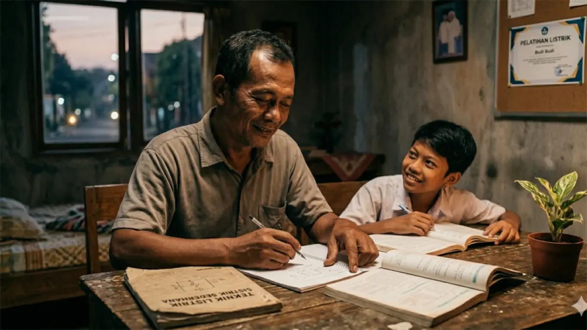 Ilustrasi orang tua mendidik anak (gemini ai)