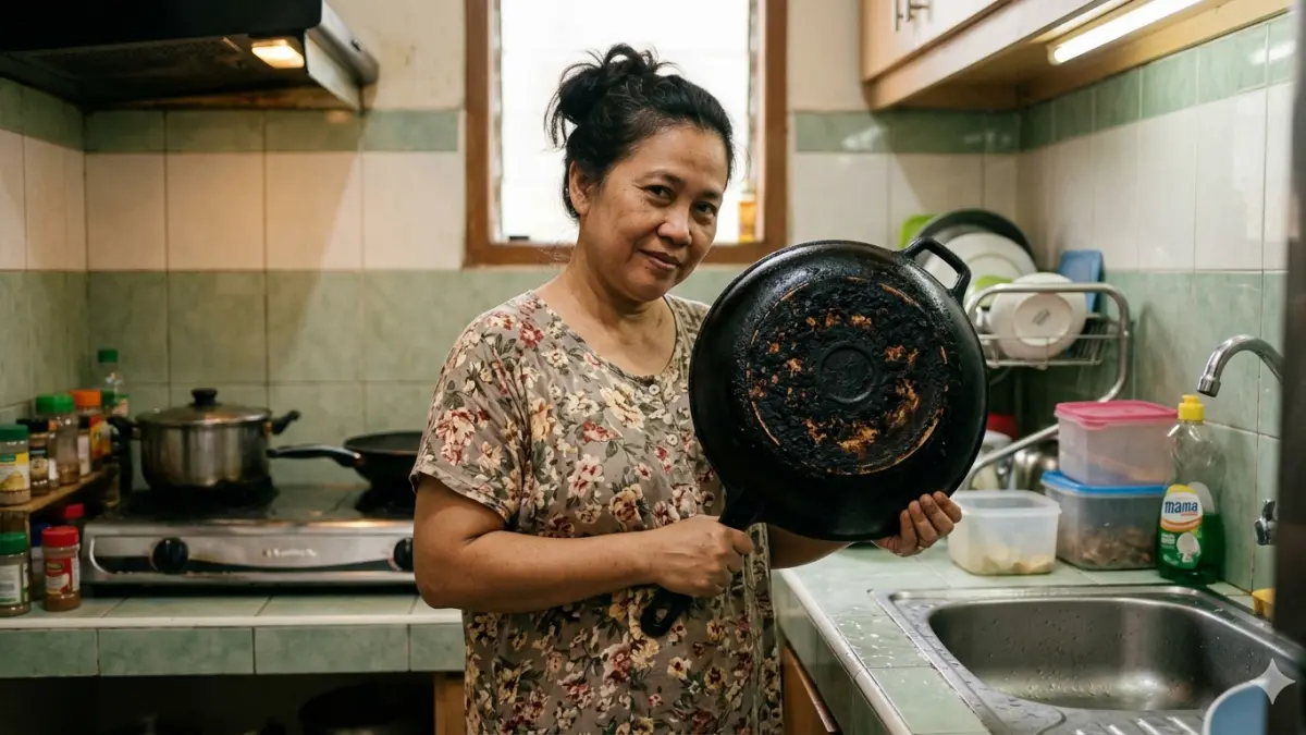 Foto ilustrasi seorang ibu memperlihatkan wajan gosong. (Generated by AI)