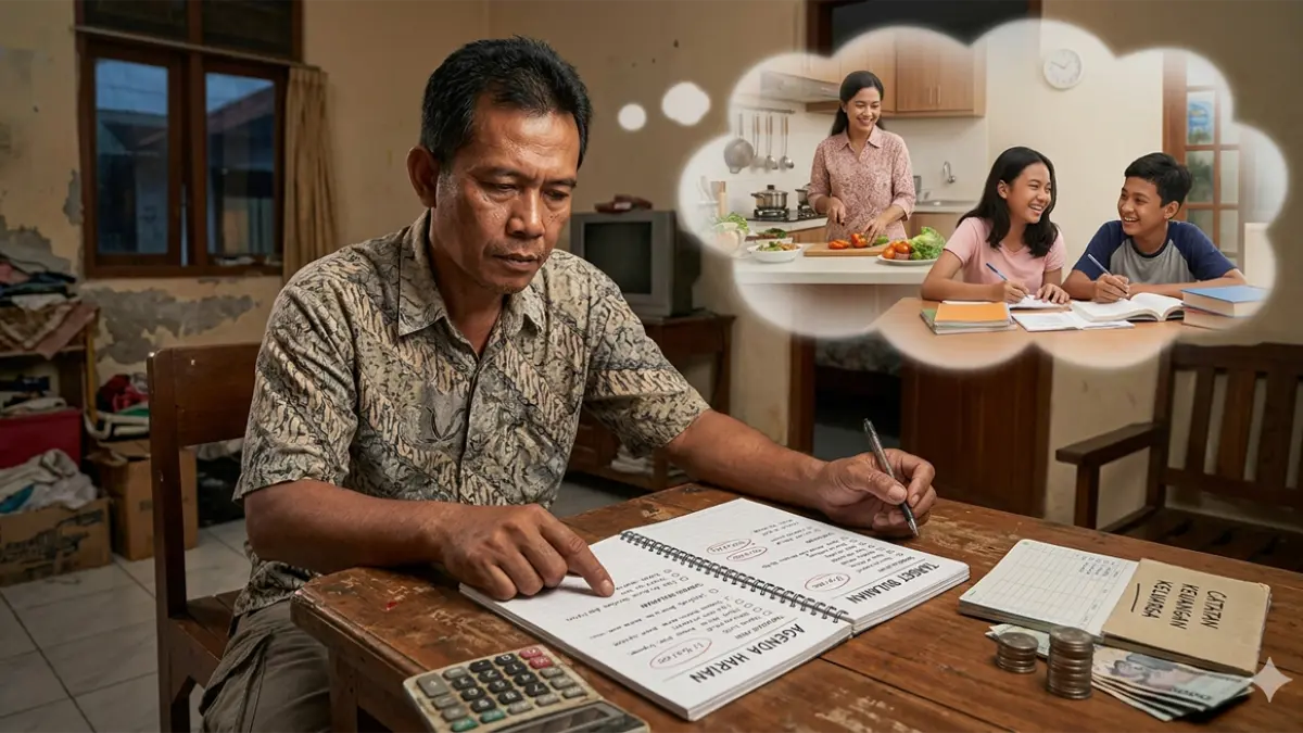 Ilustrasi sang ayah membayangkan kehidupan keluarga lebih baik (gemini ai)