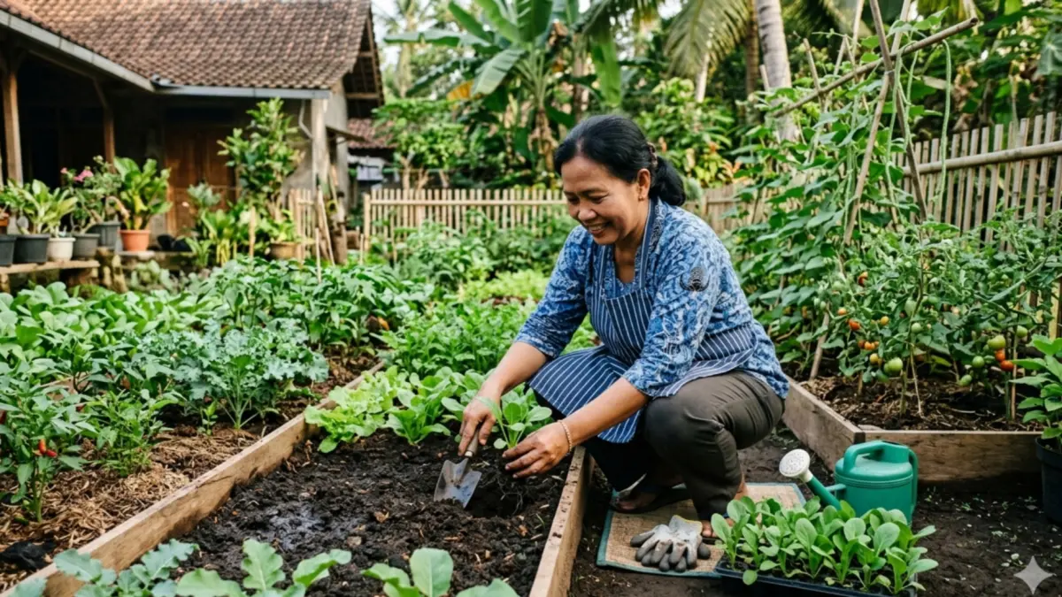 Ilustrasi seorang ibu sedang berkebun
