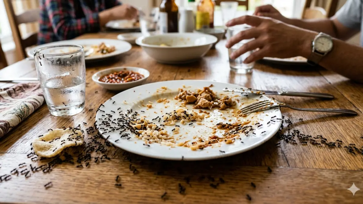 Ilustrasi foto banyak semut mengerubungi makanan