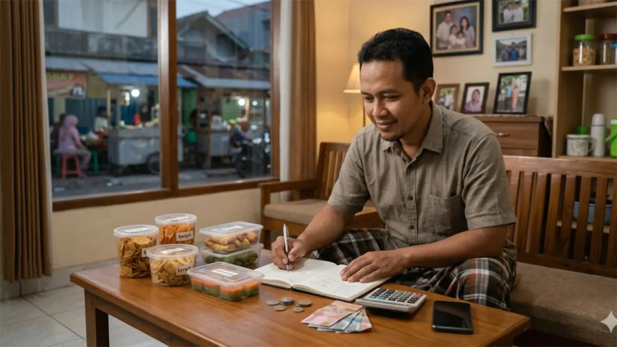 Ilustrasi seorang ayah terlihat menyusun rencana usaha di buku catatannya (gemini ai)