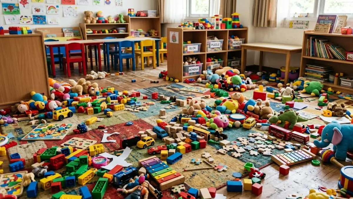 Ilustrasi foto mainan anak yang berantakan di tempat penitipan anak. (Generated by AI)