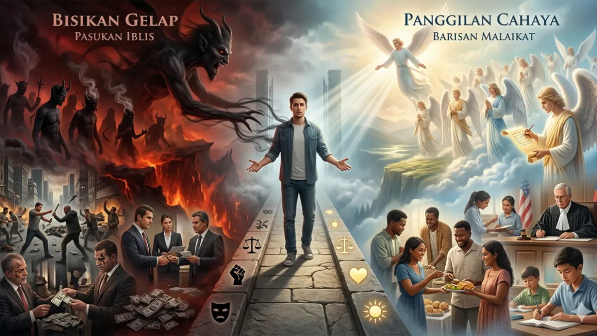 Ilustrasi pertarungan tak terlihat dalam hidup manusia (gemini ai)