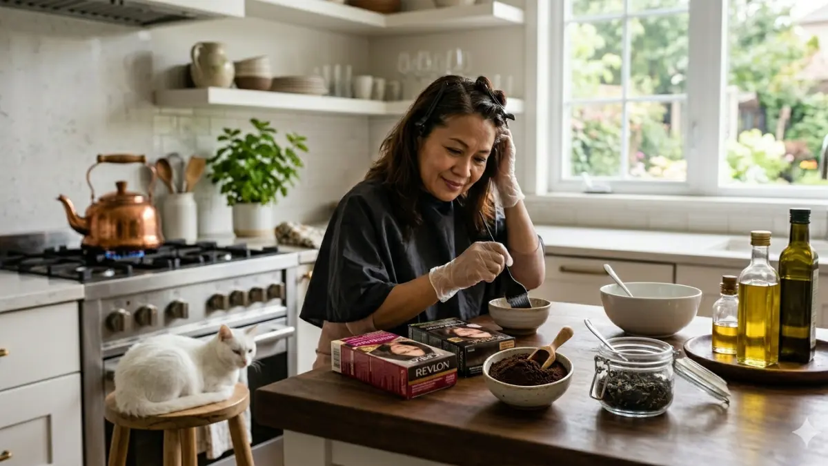 Ilustrasi foto wanita sedang menyemir rambut memakai bahan kopi dan teh