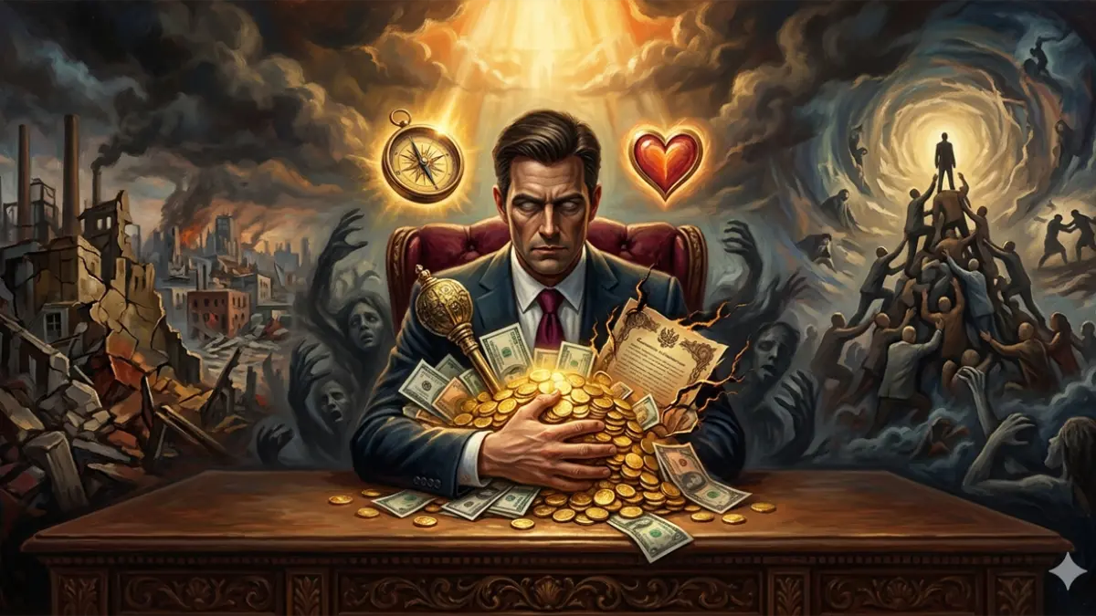 Ilustrasi ambisi yang mengesampingkan nilai kemanusiaan (gemini ai)