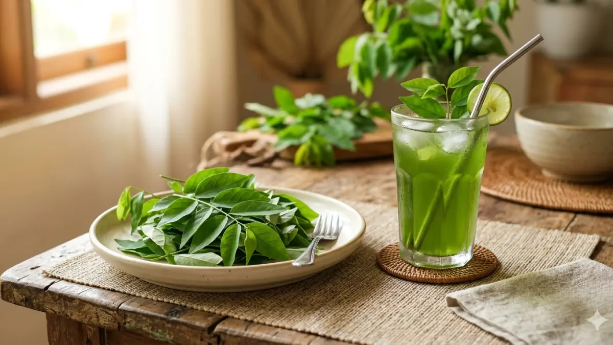 Ilustrasi foto daun katuk dan minuman dari daun katuk