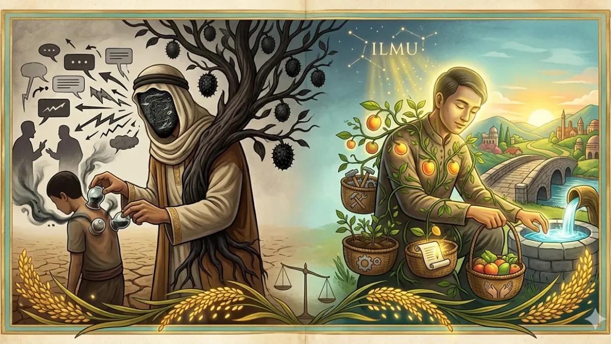 Ilustrasi antara bicara dan berkarya (gemini ai)