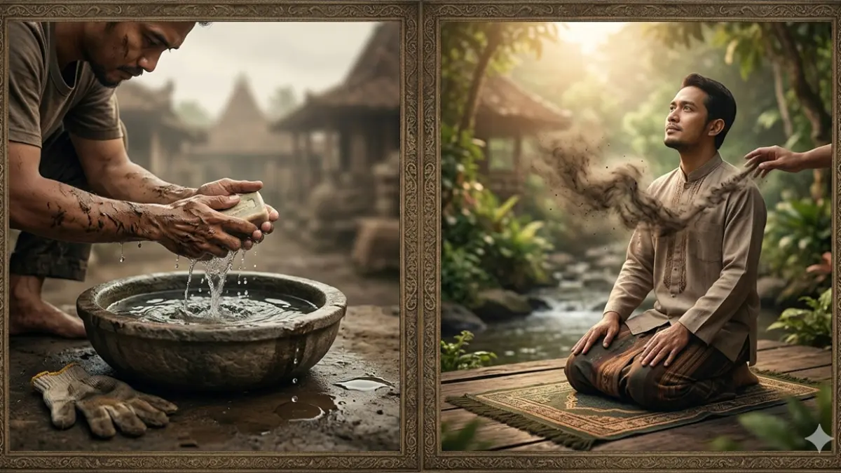 Ilustrasi membersihkan kotoran lahir dan batin manusia (gemini ai)
