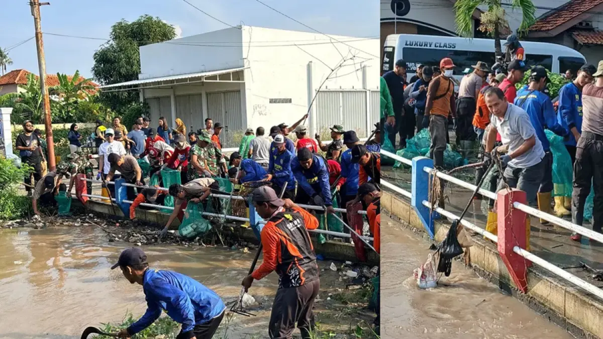 Pendiri Sungai Watch asal Prancis: Gary, Sam, dan Kelly Bencheghib bersama Direktur Radar Semarang Baehaqi bersihkan timbunan sampah di Sungai Kendal Senin (4/5/2026). (Budi Setiyawan/Zaenuri/Jawa Pos Radar Semarang)