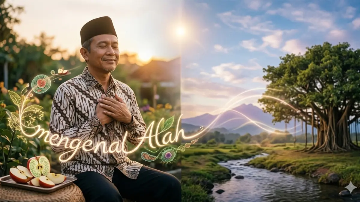 Ilustrasi mengenal Tuhan lewat makan buah apel (gemini ai)