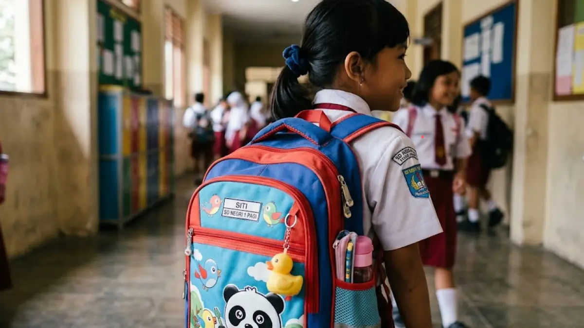 Ilustrasi anak SD memakai tas