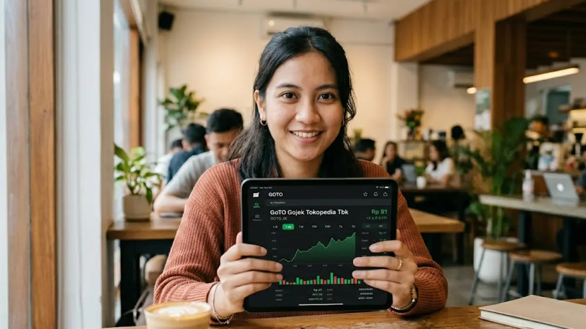 Ilustrasi perempuan menunjukkan saham GoTo. (Generated by AI)