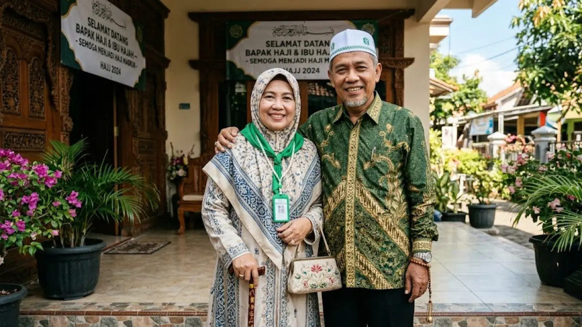 Ilustrasi bapak dan ibu akan pergi beribadah haji. (Gemini AI)
