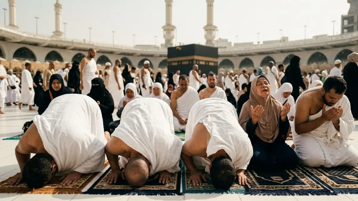 Ilustrasi ibadah haji di mekkah. (Gemini AI)