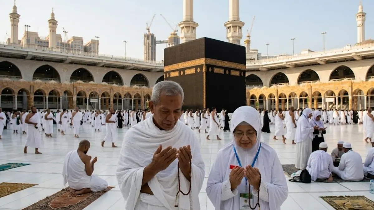 Ilustrasi ibadah haji di mekkah. (Gemini AI)