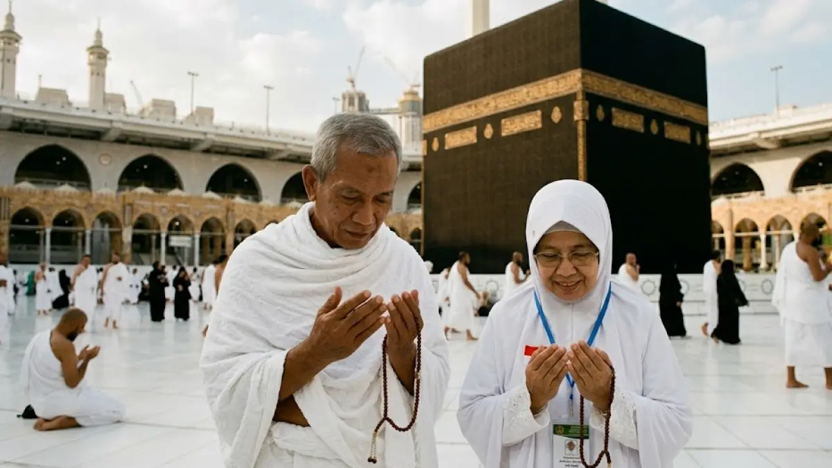 Ilustrasi ibadah haji di mekkah. (Gemini AI)