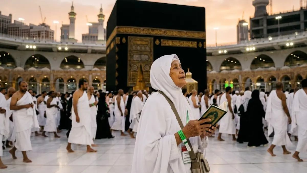 Ilustrasi ibadah haji di mekkah. (Gemini AI)