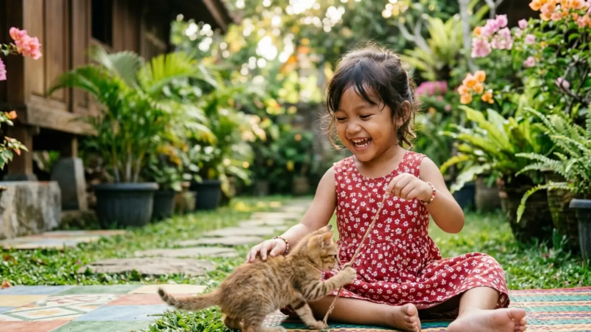Ilustrasi foto anak bermain dengan kucing. (Gemini AI)