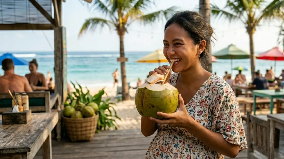 Ilustrasi foto ibu hamil meminum air kelapa. (Gemini AI)