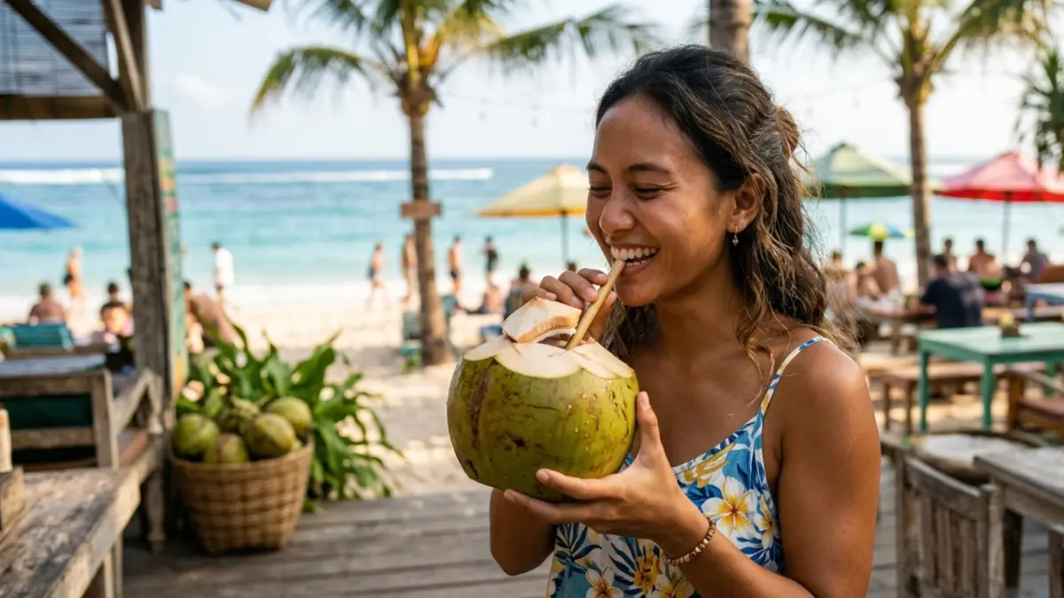 Ilustrasi foto minum air kelapa. (GEMINI AI)