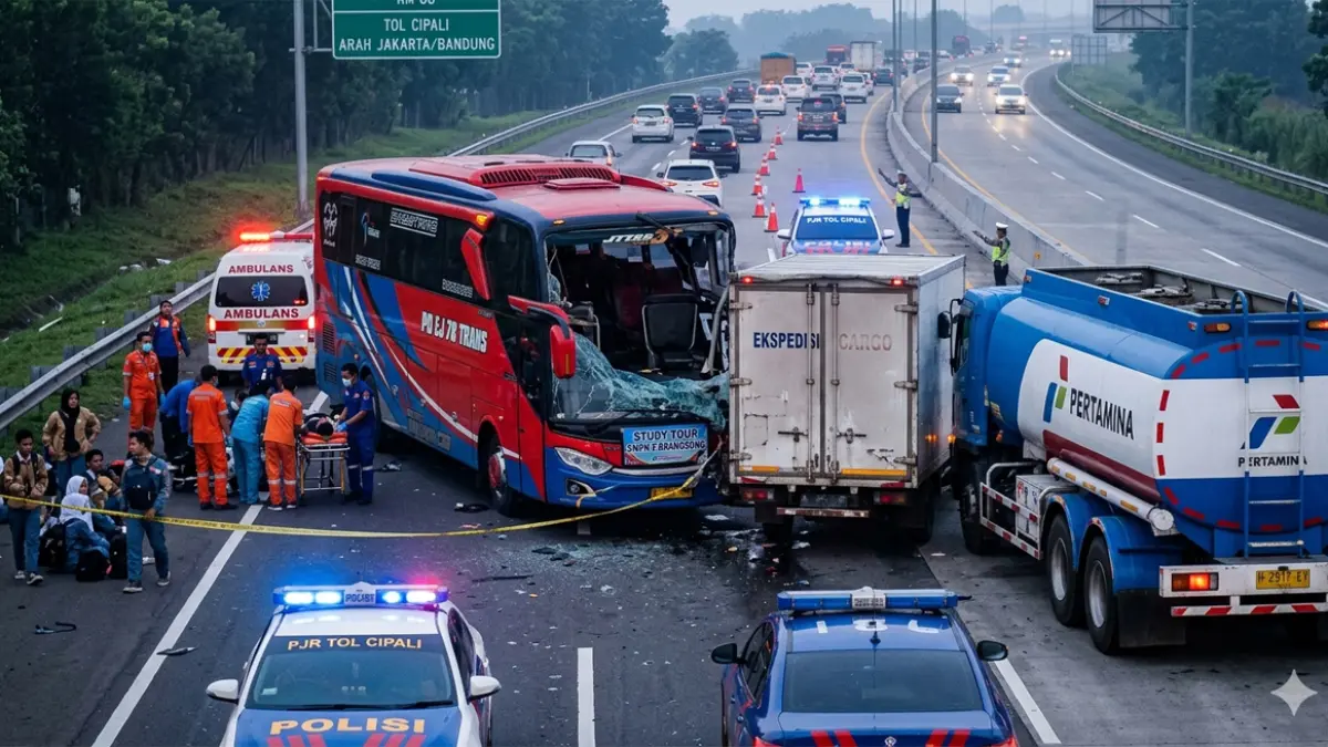 Ilustrasi kecelakaan bus rombongan SMPN 2 Brangsong di Tol Cipali KM 88, Subang. (Gemini ai)