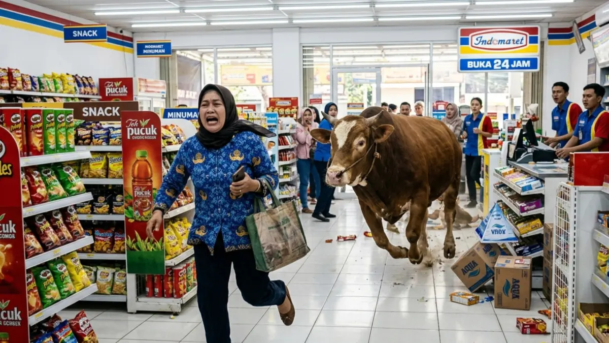 Ilustrasi foto ibu ibu dikejar sapi. (Gemini AI)