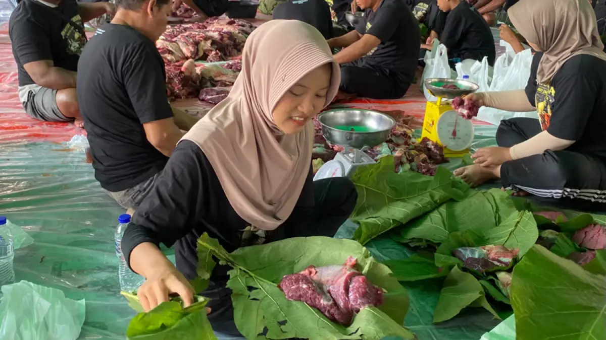 Higenis: Pemilahan jeroan hewan kurban menggunakan daun jati. (ARIF FAKHRIAN KHALIM/RADAR KUDUS)