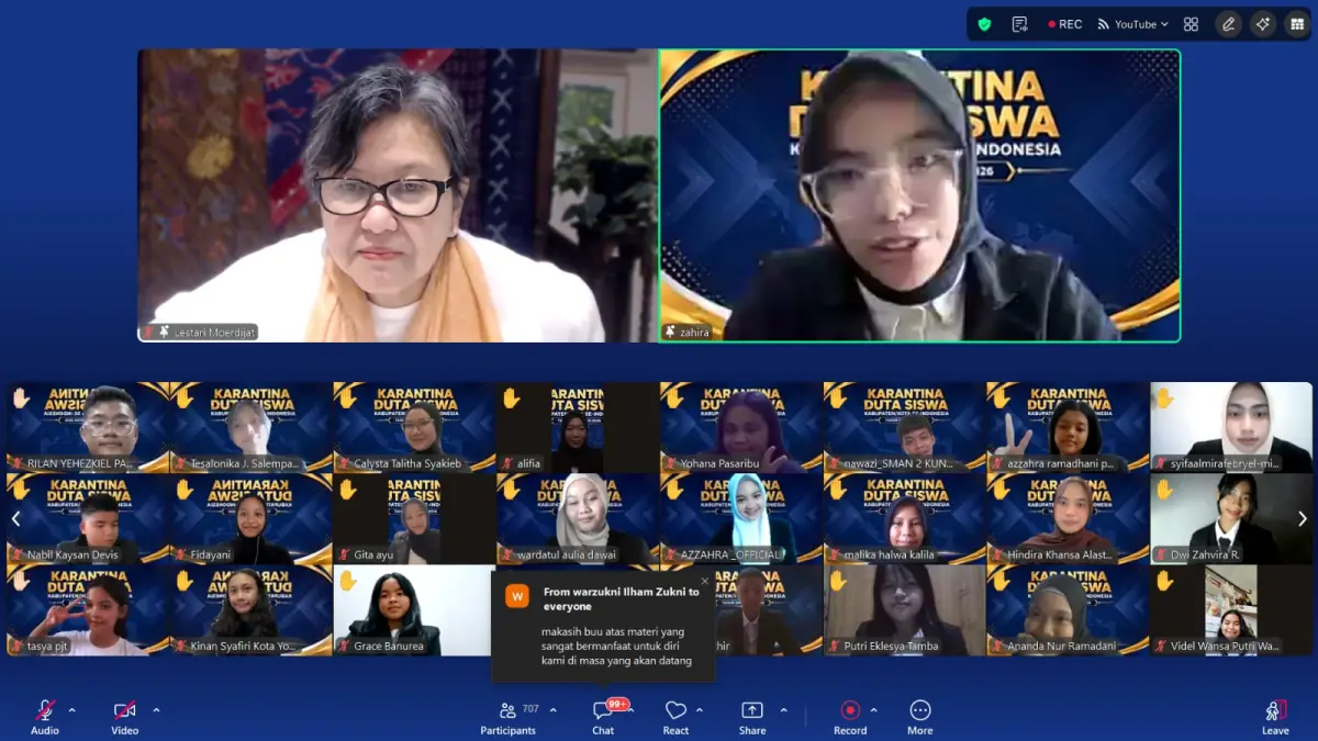 BANGUN GENERASI: Wakil Ketua MPR RI Lestari Moerdijat dalam acara karantina secara daring Duta Siswa Kabupaten/Kota se-Indonesia 2026 yang digelar Komite Seleksi Nasional Yayasan Duta Siswa Indonesia, Minggu (31/5).&nbsp;