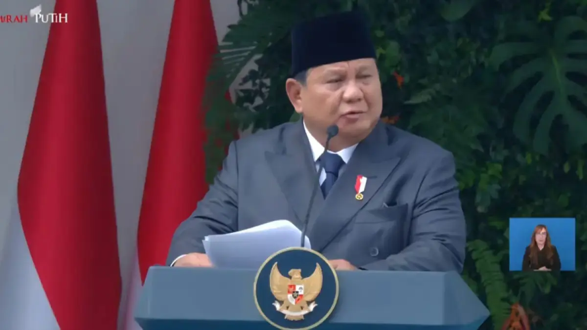Presiden Prabowo Subianto menyampaikan amanat dalam Upacara Hari Lahir Pancasila 2026 di Kompleks Kementerian Luar Negeri (Kemenlu), Jakarta Pusat, Senin (1/6). (Istimewa)