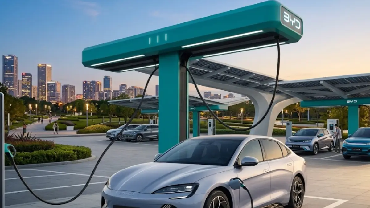 Ilustrasi BYD charging station. (Gemini AI)