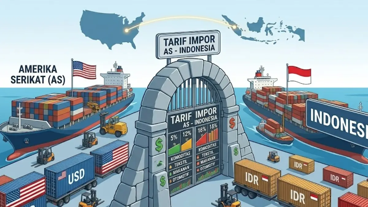 Ilustrasi tarif impor AS Indonesia. (Gemini AI)