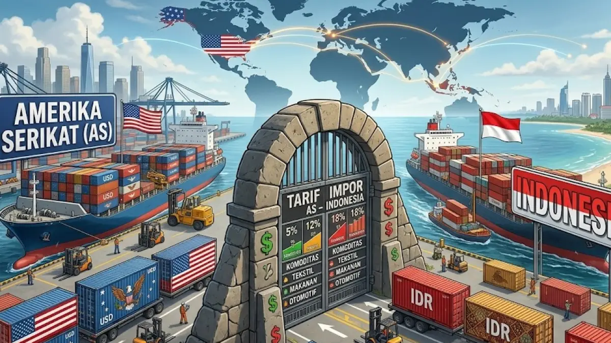 Ilustrasi tarif impor AS Indonesia. (Gemini AI)