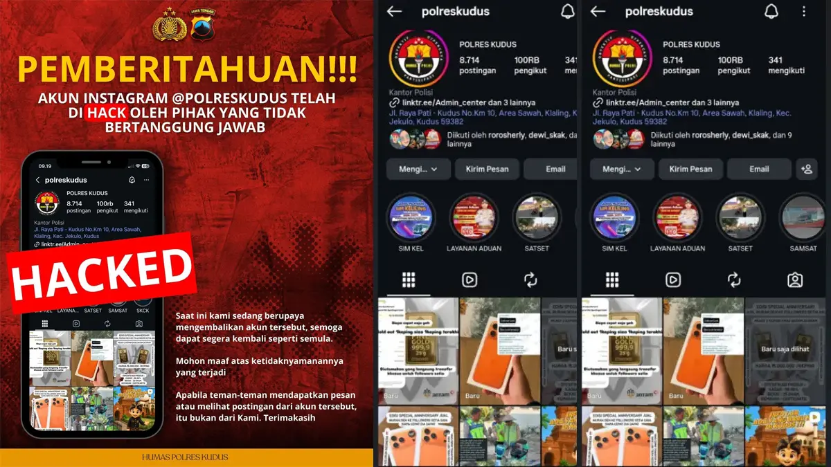 DIBAJAK: Akun media sosial Polres Kudus diretas dan mengunggah jual beli HP dan emas. (TANGKAPAN LAYAR)