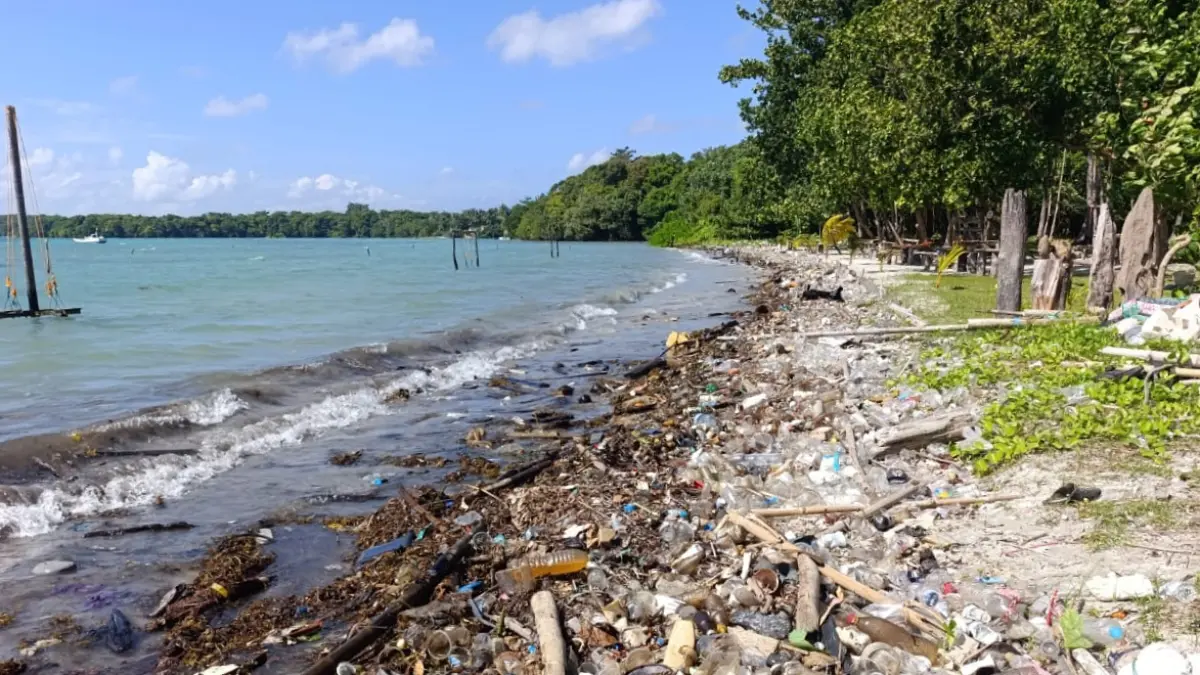 MENGULAR: Kondisi sampah di pesisir utara Kemujan, Karimunjawa dipenuhi sampah, pada Jumat (5/6). (BANG JACK UNTUK RADAR KUDUS)
