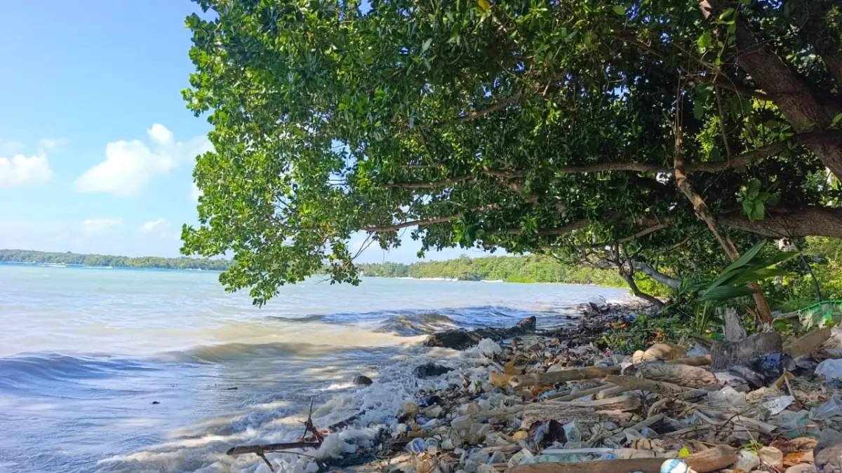 TERCEMAR: Kondisi Pesisir Pantai Kemujan, Karimunjawa, yang dipenuhi sampah kiriman, pada Jumat (5/6). (BANG JACK UNTUK RADAR KUDUS)