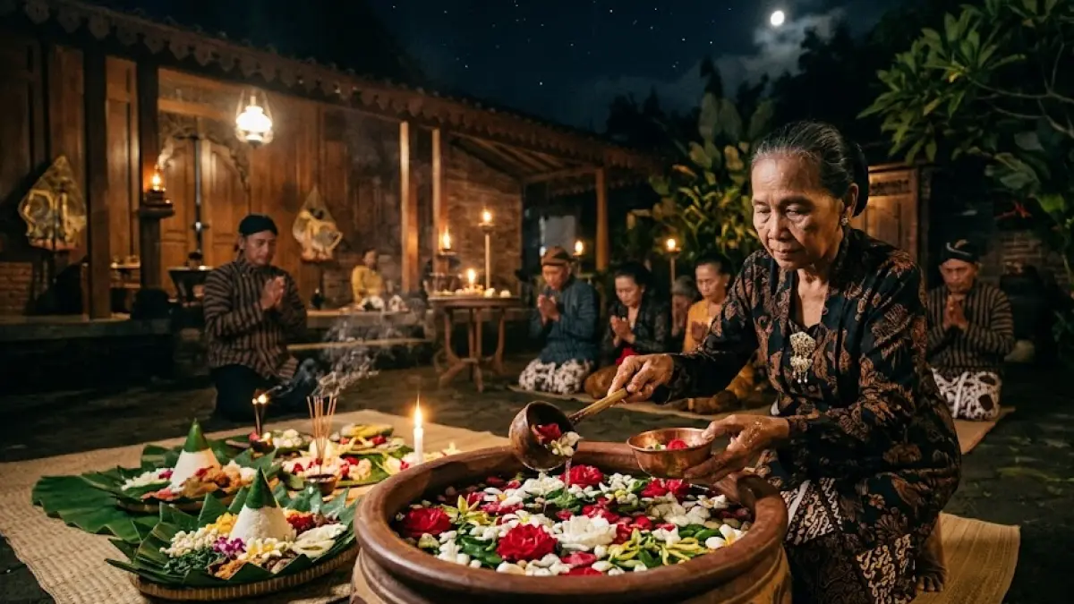 Ilustrasi foto mandi kembang setaman pada malam 1 suro