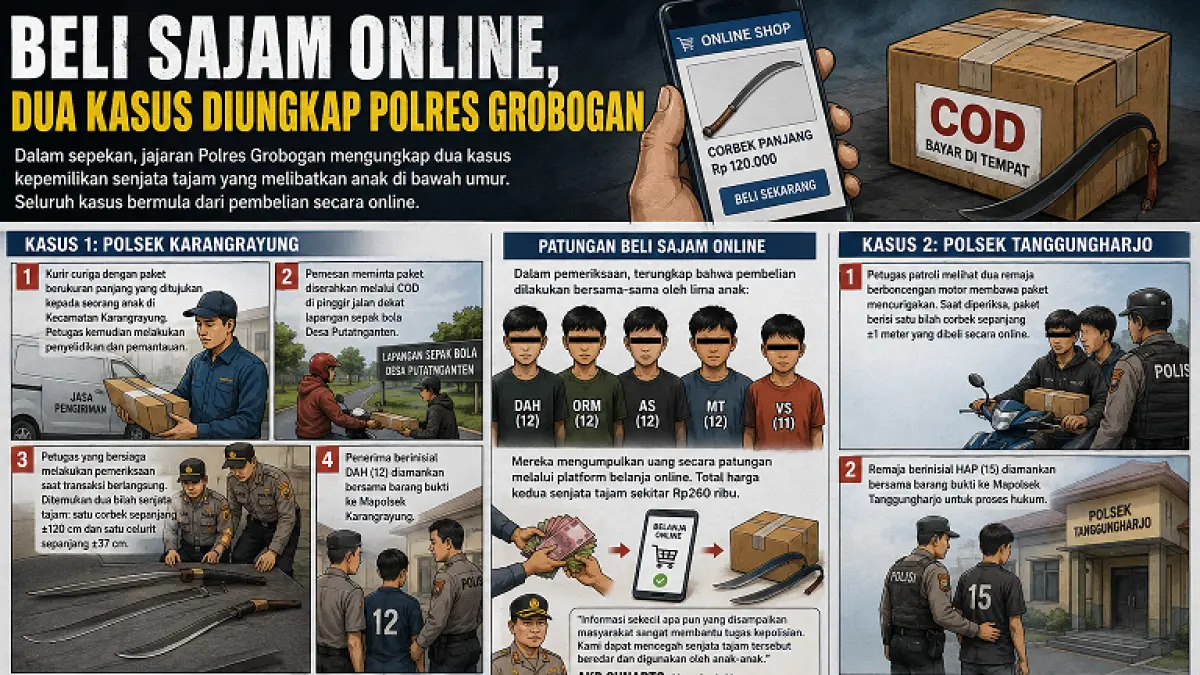 Polres Grobogan mengungkap dua kasus kepemilikan senjata tajam yang melibatkan anak di bawah umur. Seluruh kasus tersebut bermula dari pembelian secara online.
Kasus terbaru diungkap Polsek Karangrayung setelah menerima laporan dari seorang kurir jasa pengiriman yang menaruh curiga terhadap paket berukuran panjang yang ditujukan kepada seorang anak di Kecamatan Karangrayung.
